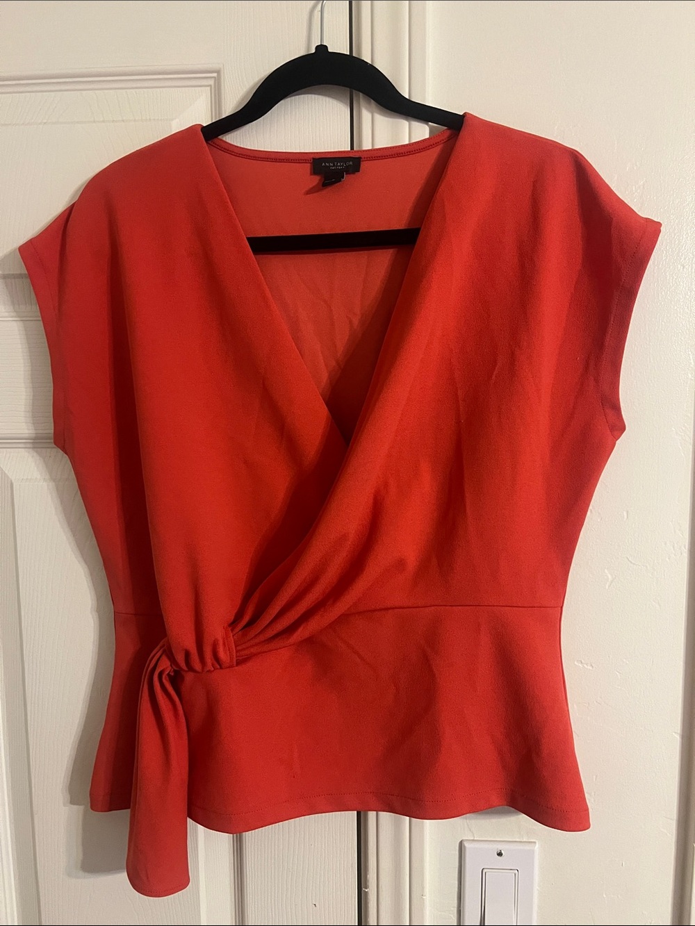 Ann Taylor Factory Coral-Red Surplice Tie-Waist Cap Sleeve Top
